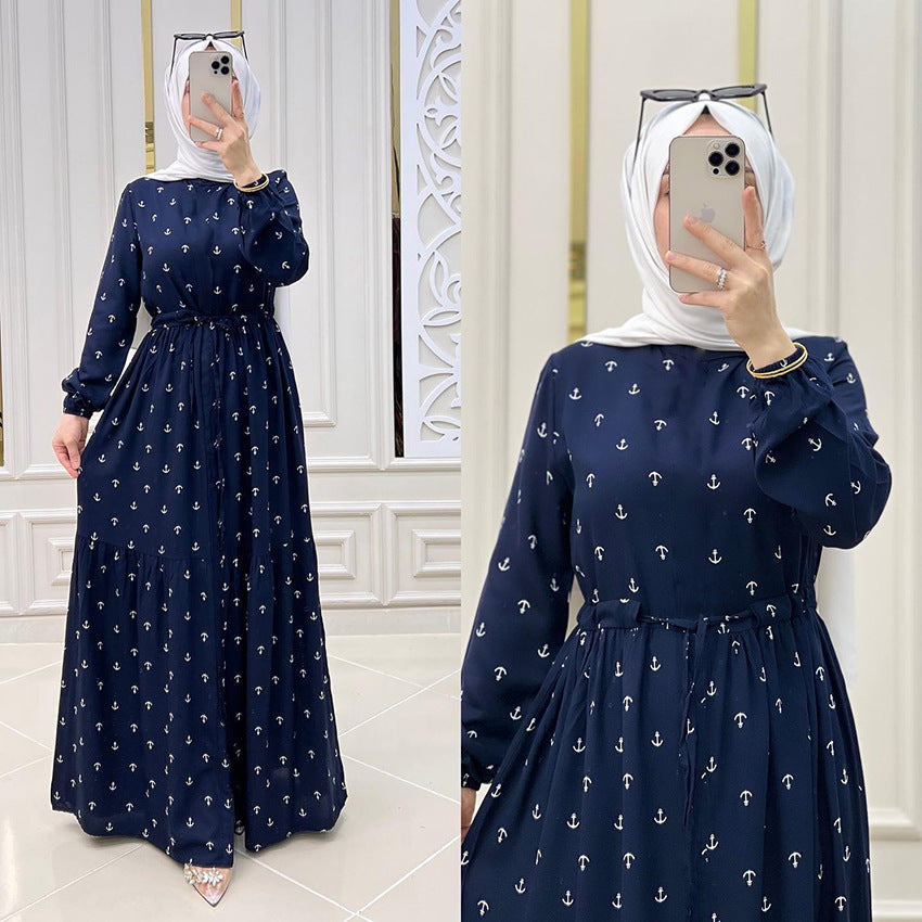 Foreign Trade Women's Clothing Amazon EBay Middle East Muslim Arab Long Dress Puff Sleeve Lace-up Large Swing Dress