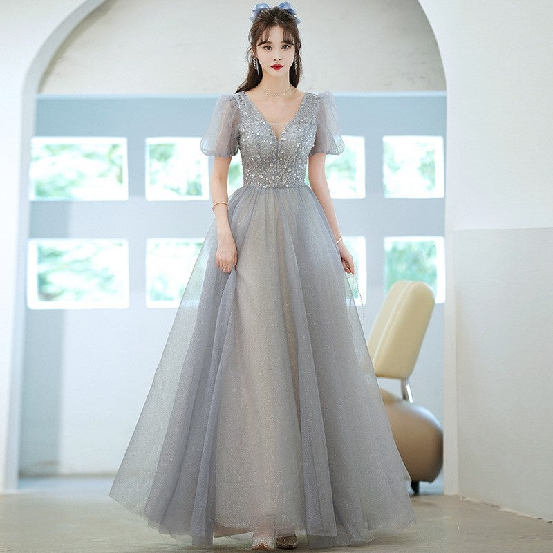 Evening Dress Women's French Blue Light Luxury Minority Pure Fairy Style Host Performance Costume Bel Canto Solo Dress