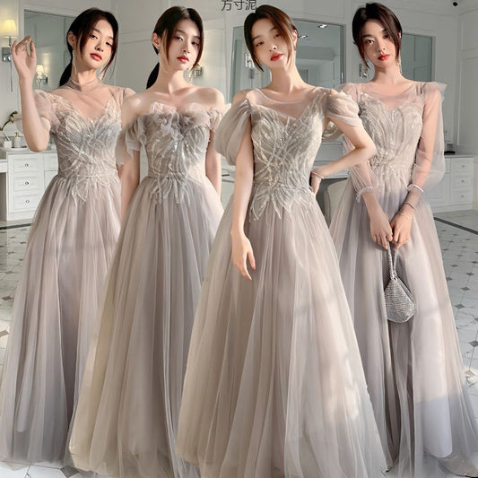 Gray Bridesmaid Dress 2024 New Long Fairy Sisters Group Evening Dress Women's Niche Summer One Piece Wholesale