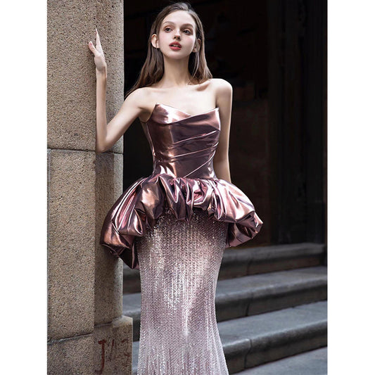 Fishtail Evening Dress Women's High-Grade Banquet Temperament Host Tube Top Bride Engagement Dress Toast Dress Autumn