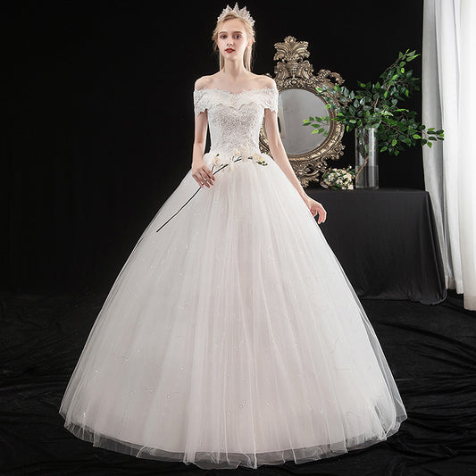 off-Shoulder Wedding Dress Bridal Knot Korean Princess Simple Floor-Length Studio Raglan Sleeve Fairy Wedding Dresses HU8203