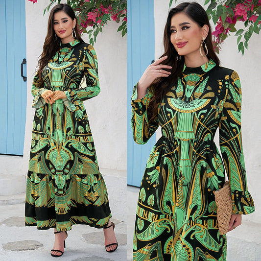 M270# Foreign Trade Cross-Border Middle East Women's Dress Boutique Positioning Totem Print Bell Sleeve Large Swing Dress