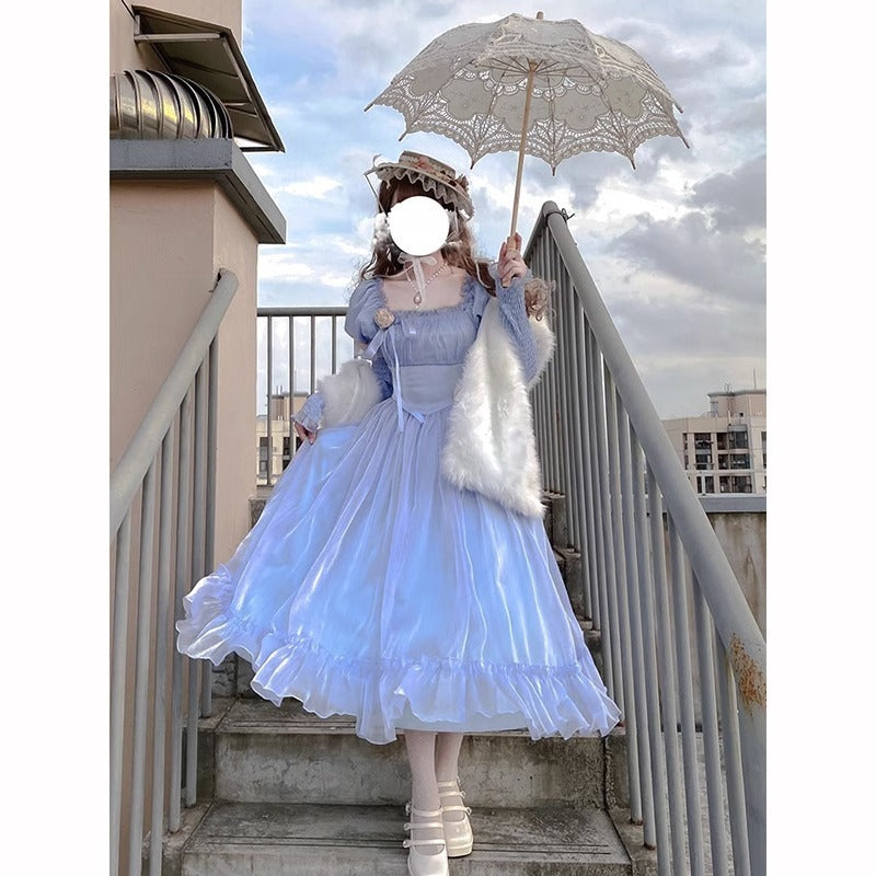 French First Love Organza Backless Lace up Blue Dress Female Tea Break Milk Fufu Escape Princess Super Fairy