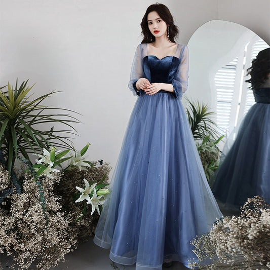 Evening Dress 2024 New Spring Velvet Slimming Long Birthday Party Host Banquet Temperament Belly Covering Dress for Women