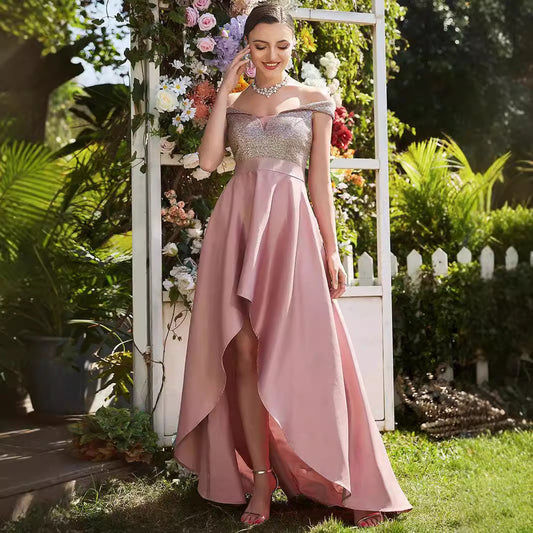 Europe and America Cross Border Foreign Trade off-Shoulder Evening Dress off-Shoulder Sequins High-End Banquet Graceful Satin Dress Small Tail