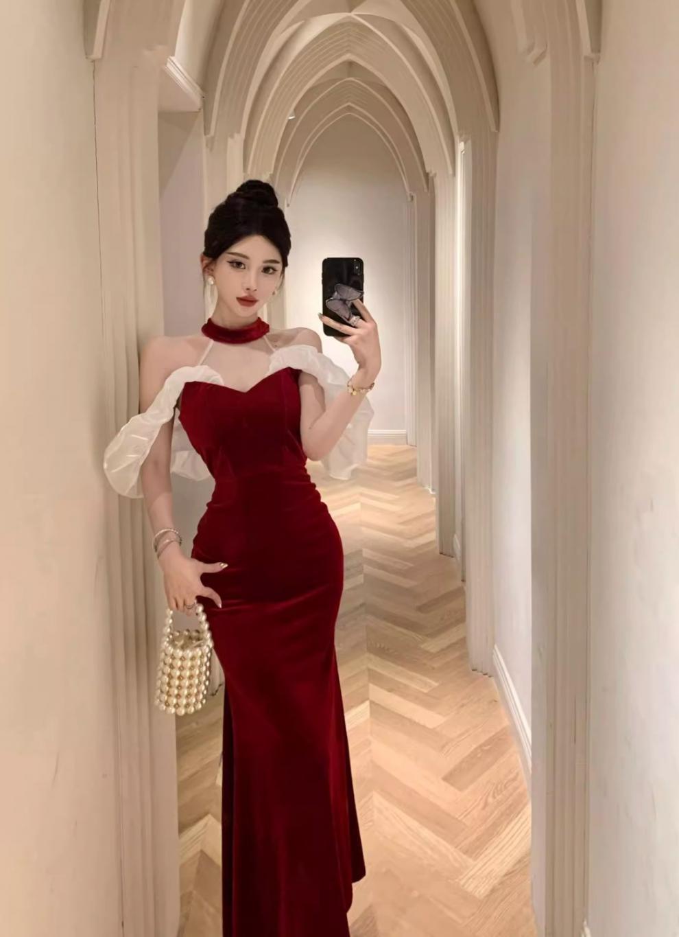 French Style Temperament Ladies Banquet Evening Dress Dress off-Shoulder Sexy Halter Dress Slim-Fit Sheath Dress for Women