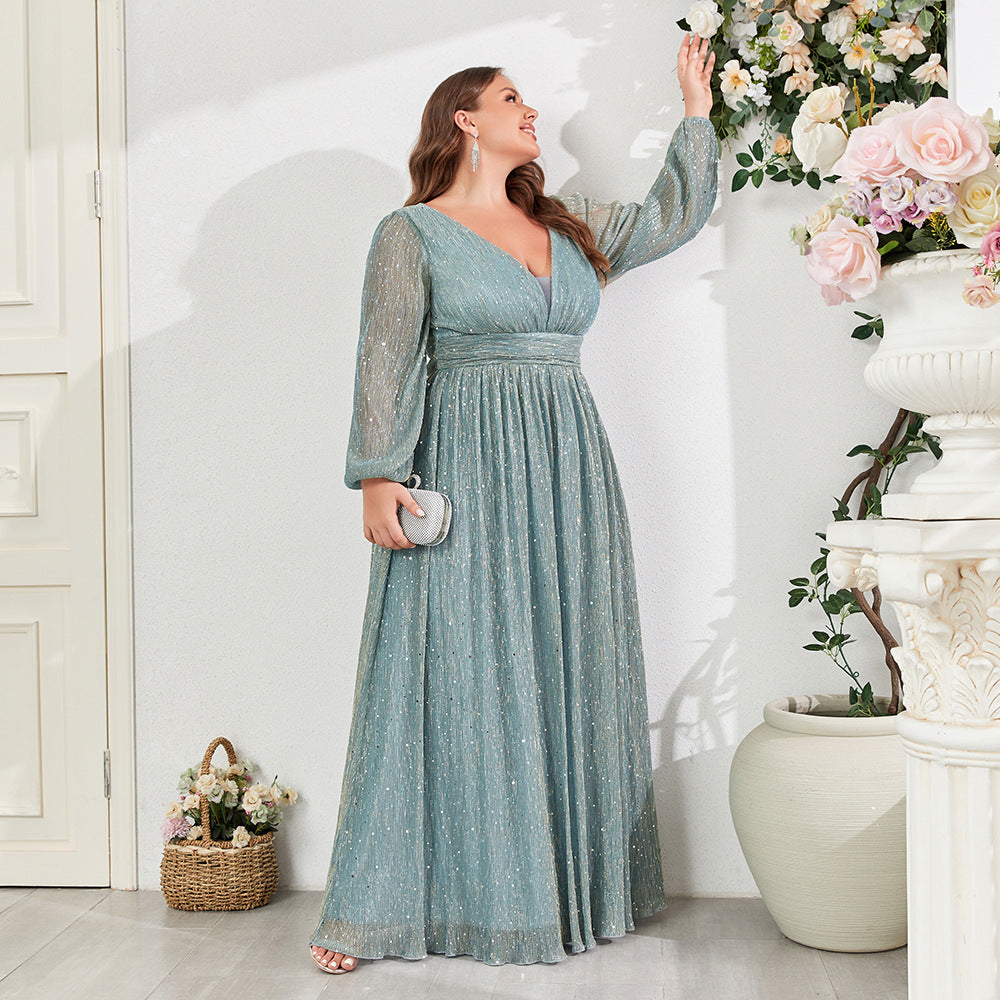 European and American New Women's Clothes Shiny Pleated Elastic Sheer Long Sleeve V-neck A- Size Swing Dress Fully Lined Elegant Evening Dress