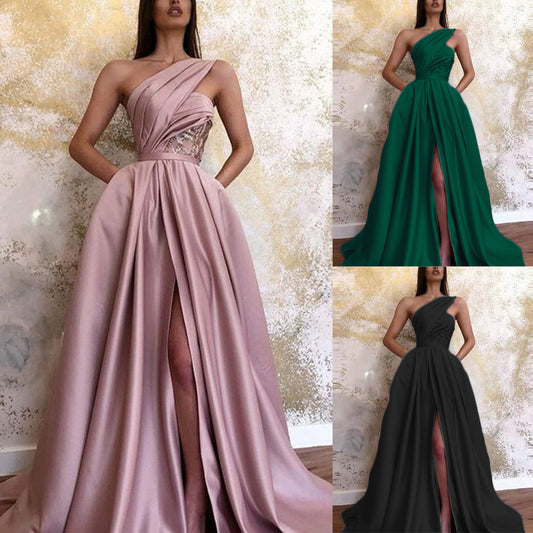 S1604 2023Cross-Border Summer New European and American Amazon Sexy Slit Sloping Shoulder Dress Long Dress Evening Dress