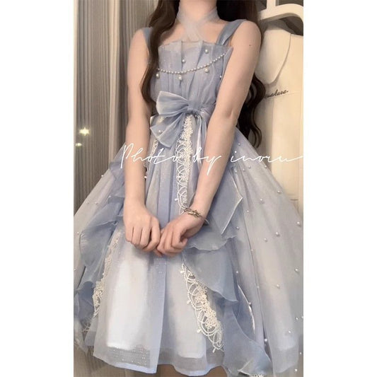 French First Love Sweet Dress Lolita Princess Birthday Little Dress Ruffled Spaghetti Straps Dress High Sense