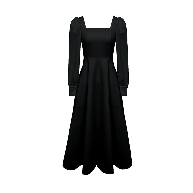 Elegant Show Thin Black Dress Women's Autumn 2024 New Style Long Sleeve French Retro Hepburn Style Square Collar Dress