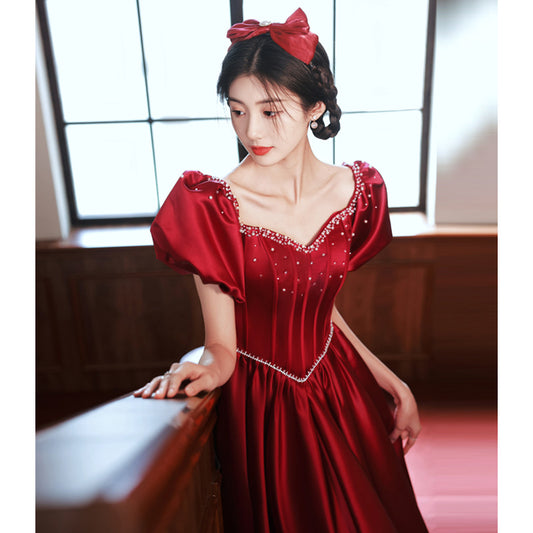 Evening Dress Prom Dresses Ball Gown Satin Dinner Dress Bride Wine Red Princess Skirt H29898