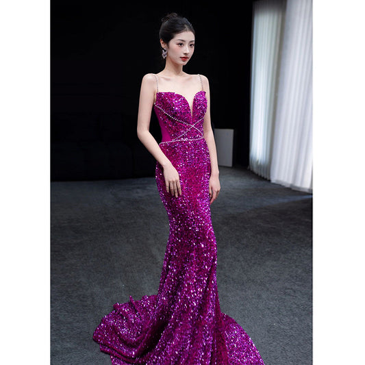 French Style Fishtail Toast Dress Bride High-Grade Sequined Evening Dress Morning Gowns Strap Engagement Dress Banquet Host Women
