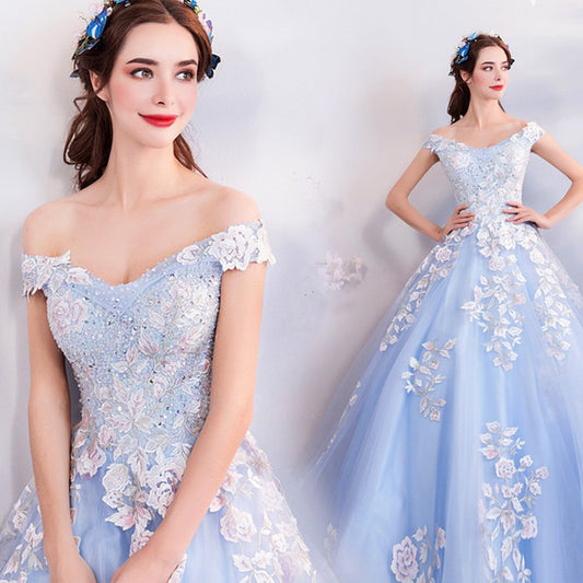 Super Fairy Wedding Dress 2024 Autumn Blue Flower Art Exam Catwalk Fashion Trend Foreign Trade Banquet Evening Dress for Women