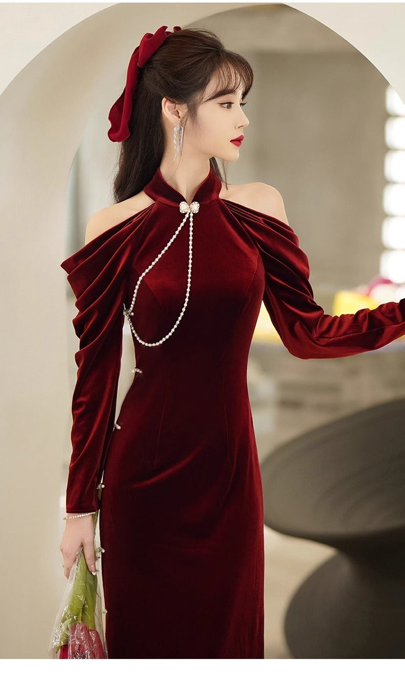 TOAST Clothing Bridal Cheongsam 2024 New Dress Women's Engagement Slim Halter Long Improved Dress Family Visiting Shoes