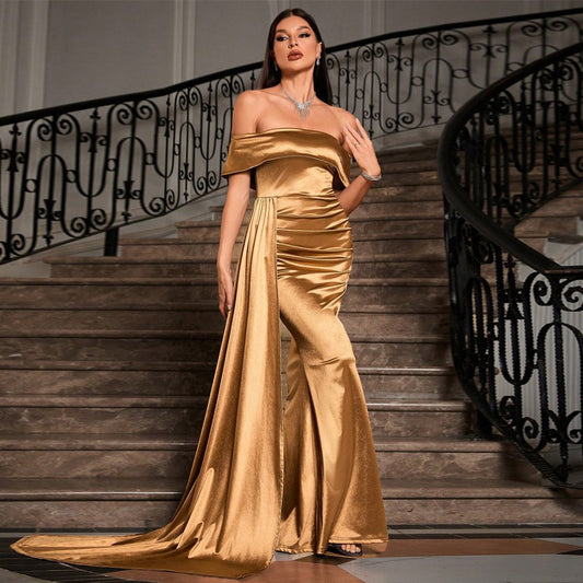 European and American Amazon AliExpress Solid Color Satin off-Neck Tube Top High Waist Evening Dress Fishtail Dress Maxi Dress