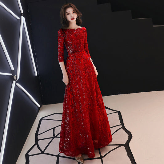 Bridal Toast Clothing 2024 Summer New Wine Red Marriage Engagement Back-to-Door Long Dinner Chinese Style Toast Dress