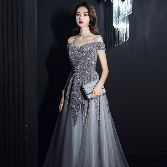 Heavy Work Evening Dress for Women 2024 New Banquet Temperament Ladies Sequined off-Shoulder Long Dress Annual Meeting Dress