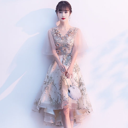 Evening Dress for Women Banquet Temperament Fairy Light Luxury Minority High-End Host Short Front Short Back Length Dress
