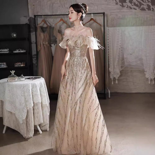 Evening Dress for Women 2024 New High Sense Banquet Performance Birthday Champagne Light Luxury Minority Host Dress