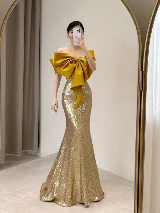 Golden Evening Dress Women's High Sense Banquet Host High-End Affordable Luxury Niche Annual Meeting Sequined Fishtail Dress Toast Dress