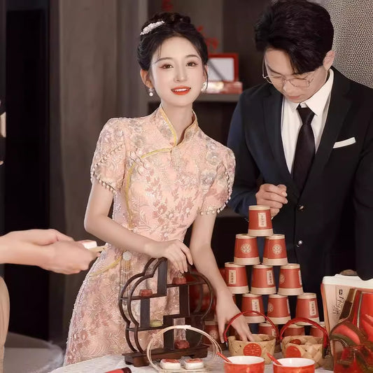 Pink Cheongsam Toast Dress 2024 New Bridal High-Grade Engagement Wedding Dress Female Winter High-End Affordable Luxury Niche