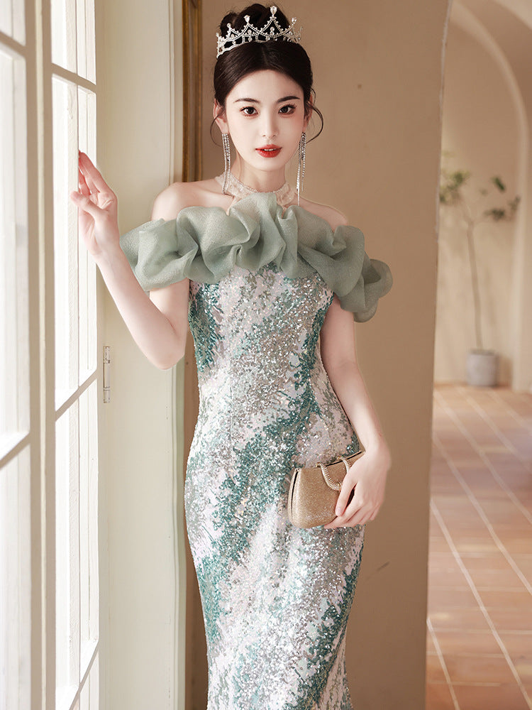 French High-End Fishtail Skirt Ladies Banquet Elegant Evening Dress Skirt Women's Sequined High Sense Long Sexy Host