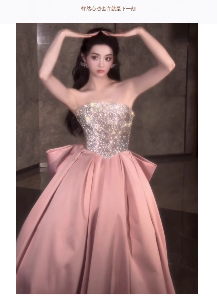 Pink Evening Dress for Women 2024 New High-Grade Tube Top Banquet Temperament Host Birthday Dress 18-Year-Old Adult Ceremony