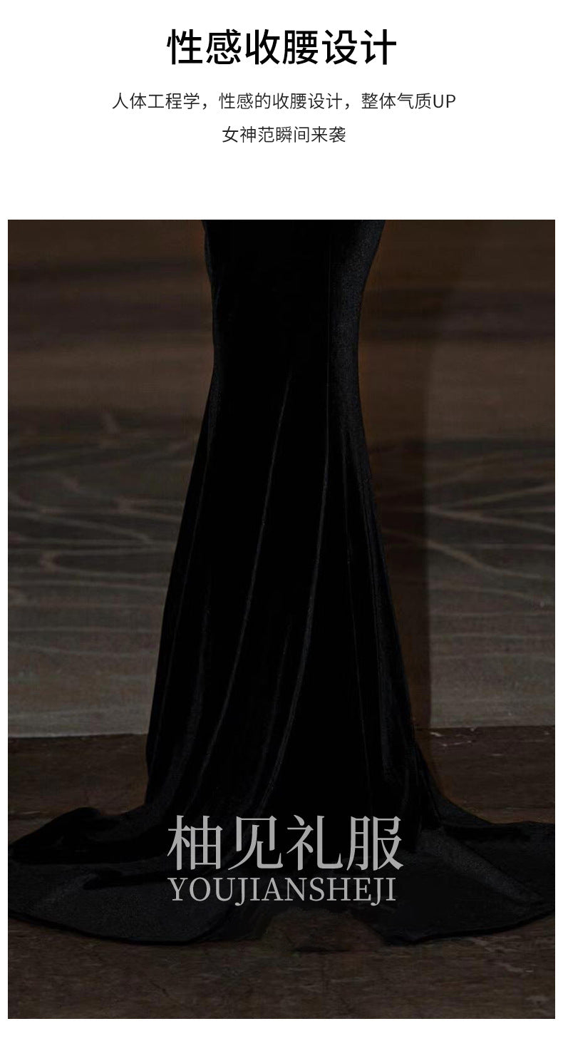 Morning Gowns Women's 2024 New High-Grade Bride Engagement Formal Dress Toast Clothing Black Small Tail Host Evening Dress