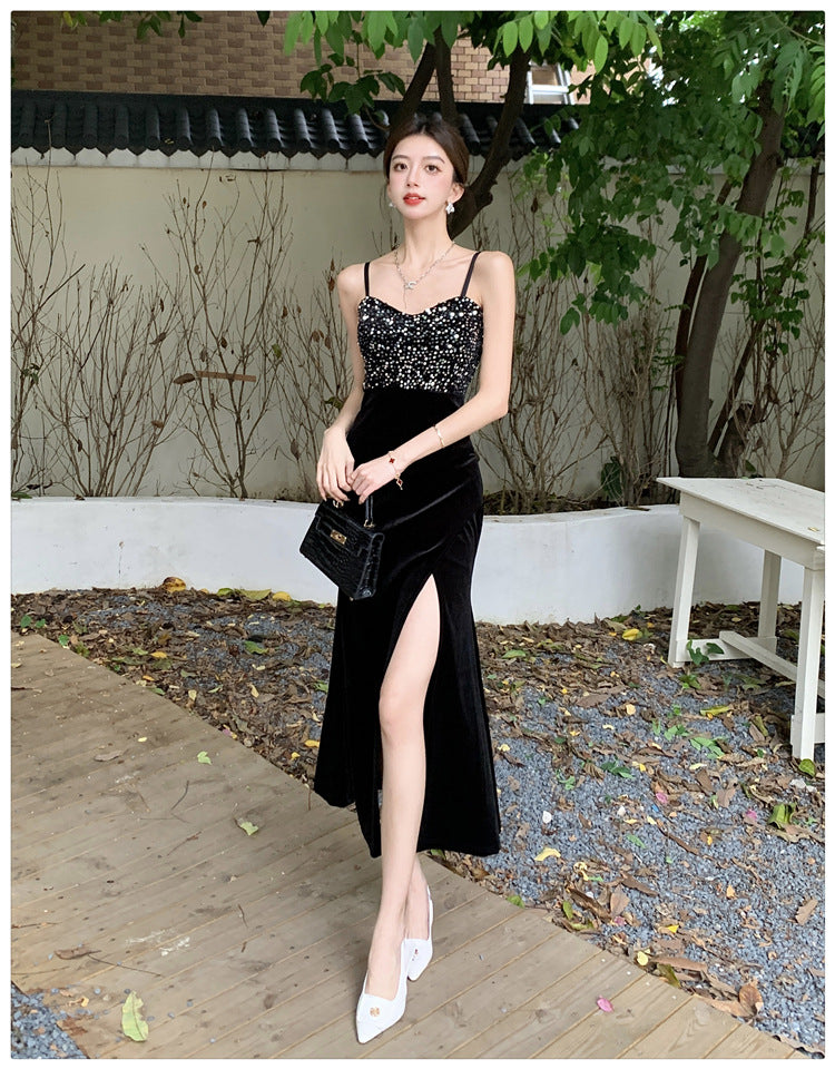 French Style Sequin Sling Dress Banquet Women's Elegant High-Grade Sexy Sheath Birthday Party Formal Dress Fishtail Long Skirt