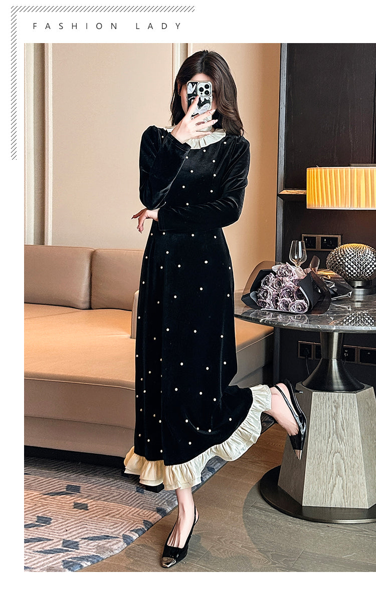2024 Party Dress ~ Autumn and Winter French Lapel Ruffled Beaded Long Velvet Dress