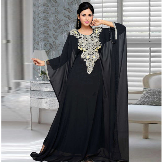 European and American Women's Clothing Middle East Muslim Loose Robe Machine Embroidery Stitching Bow Tie Imitation Cuprammonuium Formal Dress