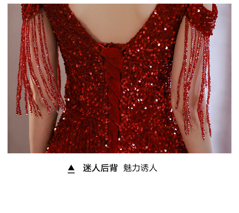 Red Toast Dress 2024 New Bridal High-Grade Engagement Dress Wedding Banquet Sequins Annual Party Evening Dress Women's Spring
