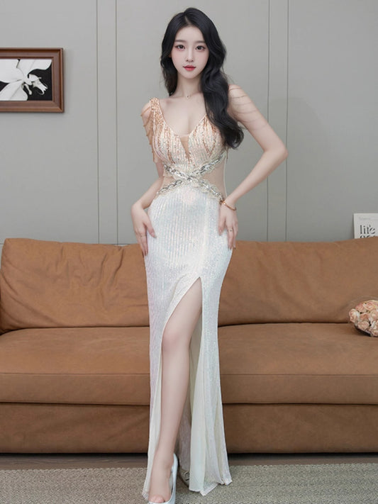 Evening Dress Dress Women's Banquet Temperament Light Luxury Minority Shiny High-End Elegant High-End Dress for Hosting Annual Meeting