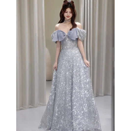 Evening Dress for Women Banquet Temperament Spring Slimming Host Chubby Party Bow Advanced Texture 2024 New