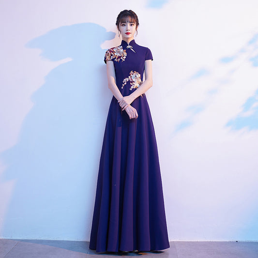 Plus Size Cheongsam Evening Dress Female Chinese Style Command Blue Host National Vocal Music Choir Performance Costume Summer