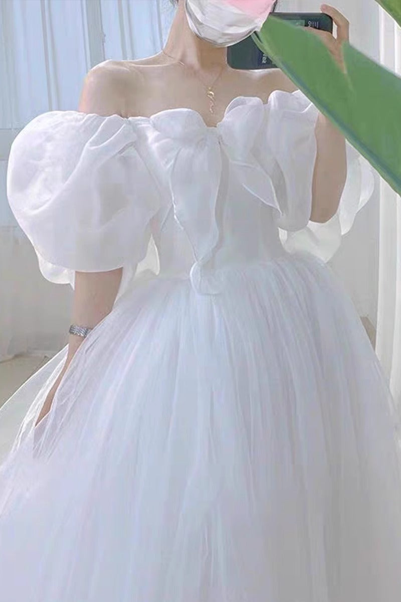French Style Puff Sleeve Princess Wedding Dress 2024 New Bridal Small Floor-Length off-Shoulder Wedding Veil Simple Wedding Dress