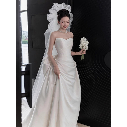 Fishtail Master Wedding Dress Small Retro Engagement Wedding Veil Tube Top French Light Morning Gowns Female Bride Satin