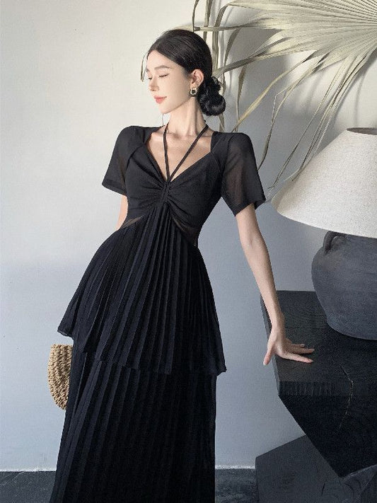 French Style Hepburn Black Chiffon Dress Light Luxury Temperament V-neck Mesh Waist-Baring Dress Women's High Sense Formal Dress