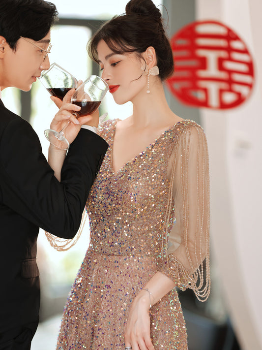 High-End Dinner Party Little Evening Dress Women's Annual Meeting Host 2024 New Engagement Toast Dress Bride High Sense