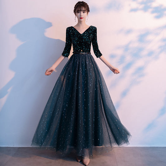 Dark Green Annual Party Evening Dress 2024 Autumn New Fashion Sexy V-neck Banquet Host Long Dress