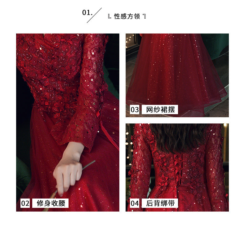 Toast Dress Bride 2024 Red New Style Host Engagement Winter Long Sleeve High Sense Wedding Evening Dress Gauze Dress