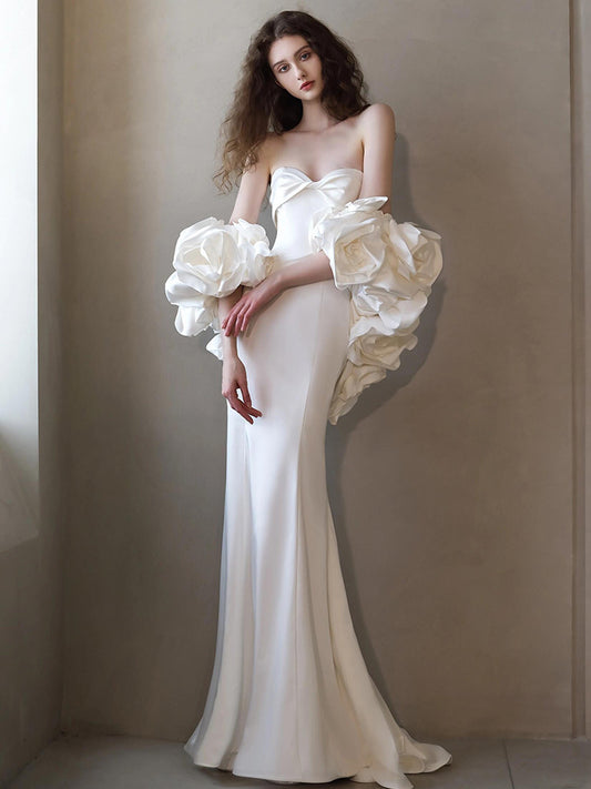 French Style Travel Photography Lightweight Wedding Dress Flower Bride Simple Fishtail Wedding Veil Dinner White Satin Dress for Women