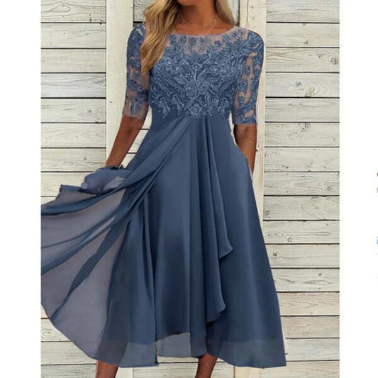 2023 European Cross-Border New Arrival Dress Chiffon Stitching Lace Hollow Long Dress Bridesmaid Evening Dress Women's Clothing
