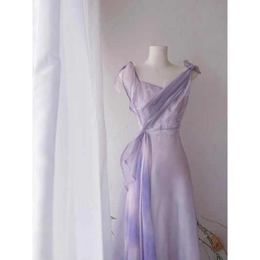 Purple Sleeveless Sling Dress Women's Summer Special-Interest Design High-End Super Nice Lace Stitching Temperament Dress