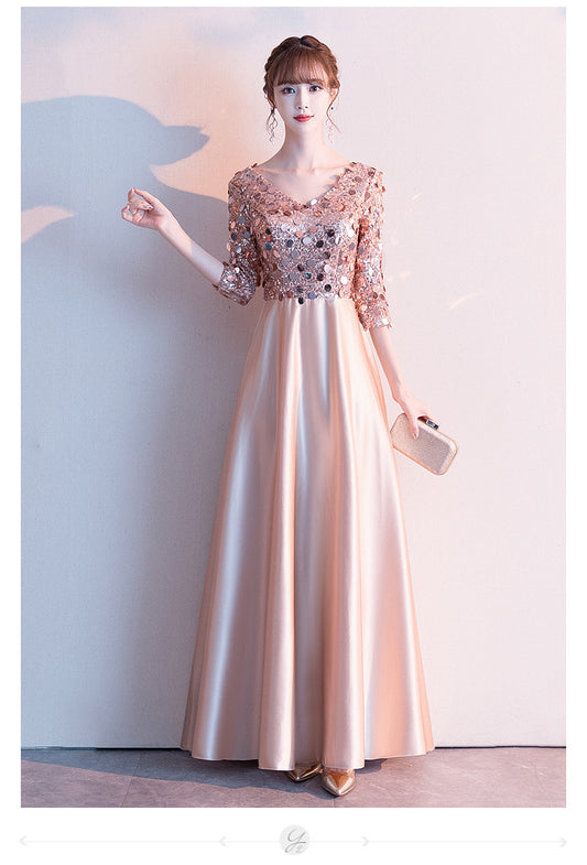 Evening dress female banquet host Queen Vibe satin dress skirt length to show slim gorgeous temperament