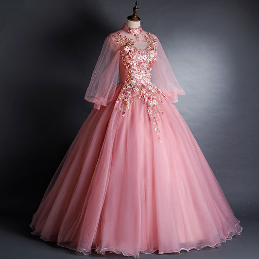 Ball Gown Long Sleeve Colored Mesh Host Performance Pink Princess Dress Solo Art Exam Tulle Tutu Long Evening Gown Female H2839