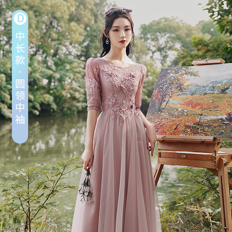 Pink Bridesmaid Dress Fairy Temperament 2022 New Spring Thickened Long Sleeve Girlfriends Ladybros' Dress Female Slimming