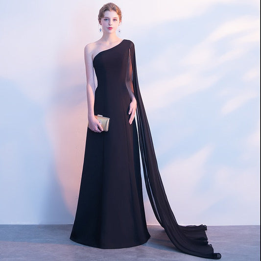 formal dress evening dress one shoulder long elegant host slimming party dress female