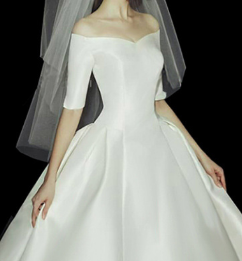 Wedding dress evening dress bride one-shoulder drag-tail dream long sleeve satin even thin princess summer female