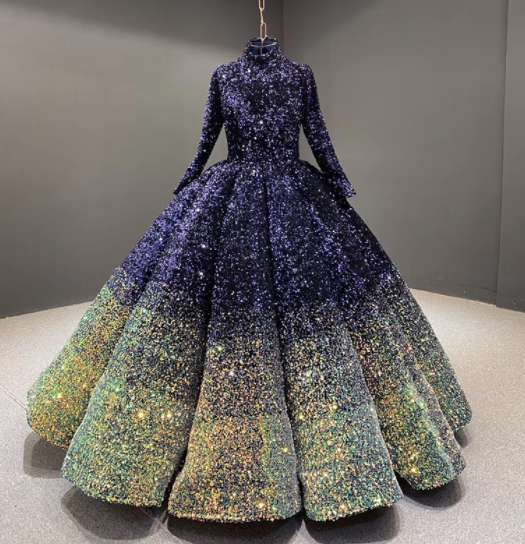 wedding dress formal dress long sleeve new bride dream sequins party pompous skirt stand collar long sleeve performance evening dress